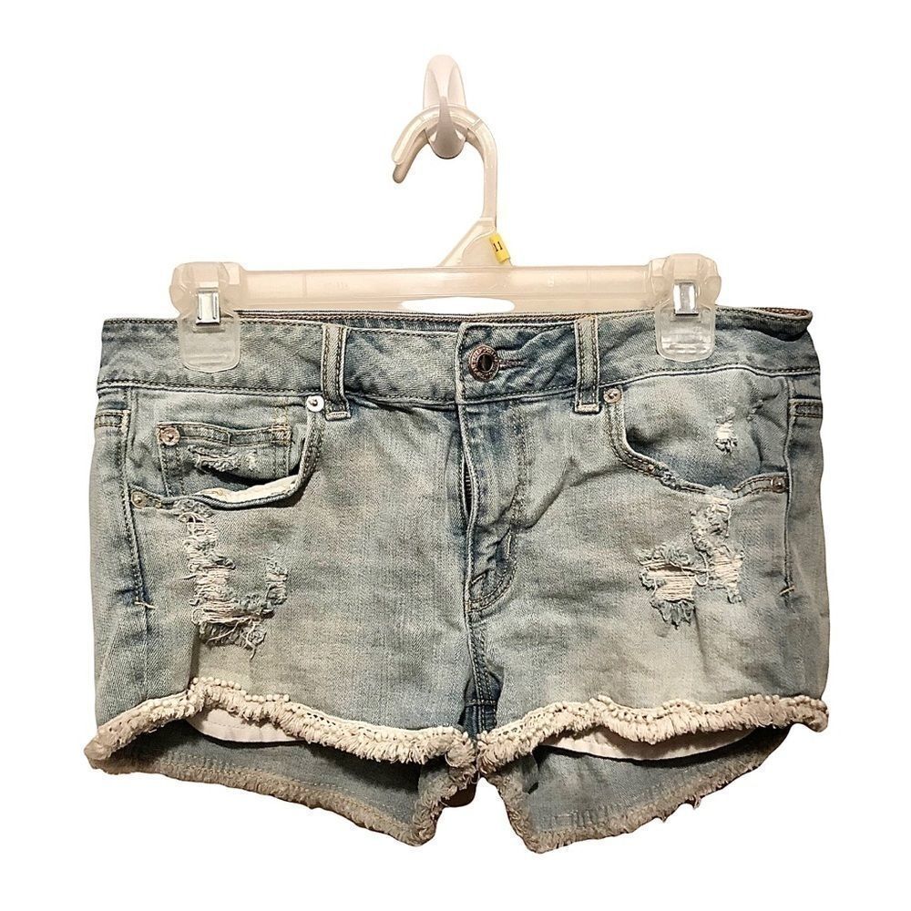 𝅺American Eagle Denim Hi Rise Shortie Distressed Jean Shorts Size 8 Stretch